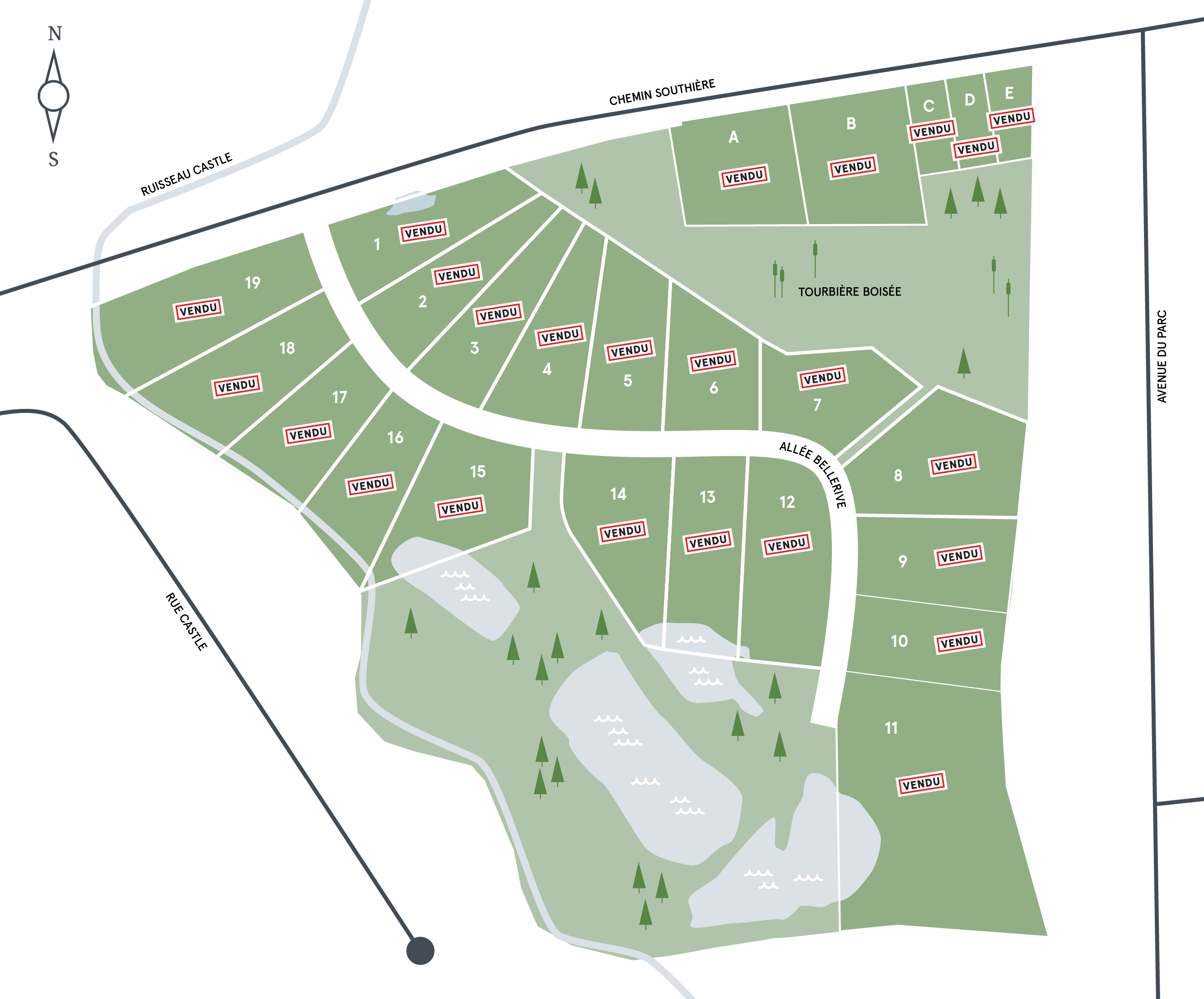 Carte des terrains vendus et disponibles du projet Faubourg Bellerive Magog