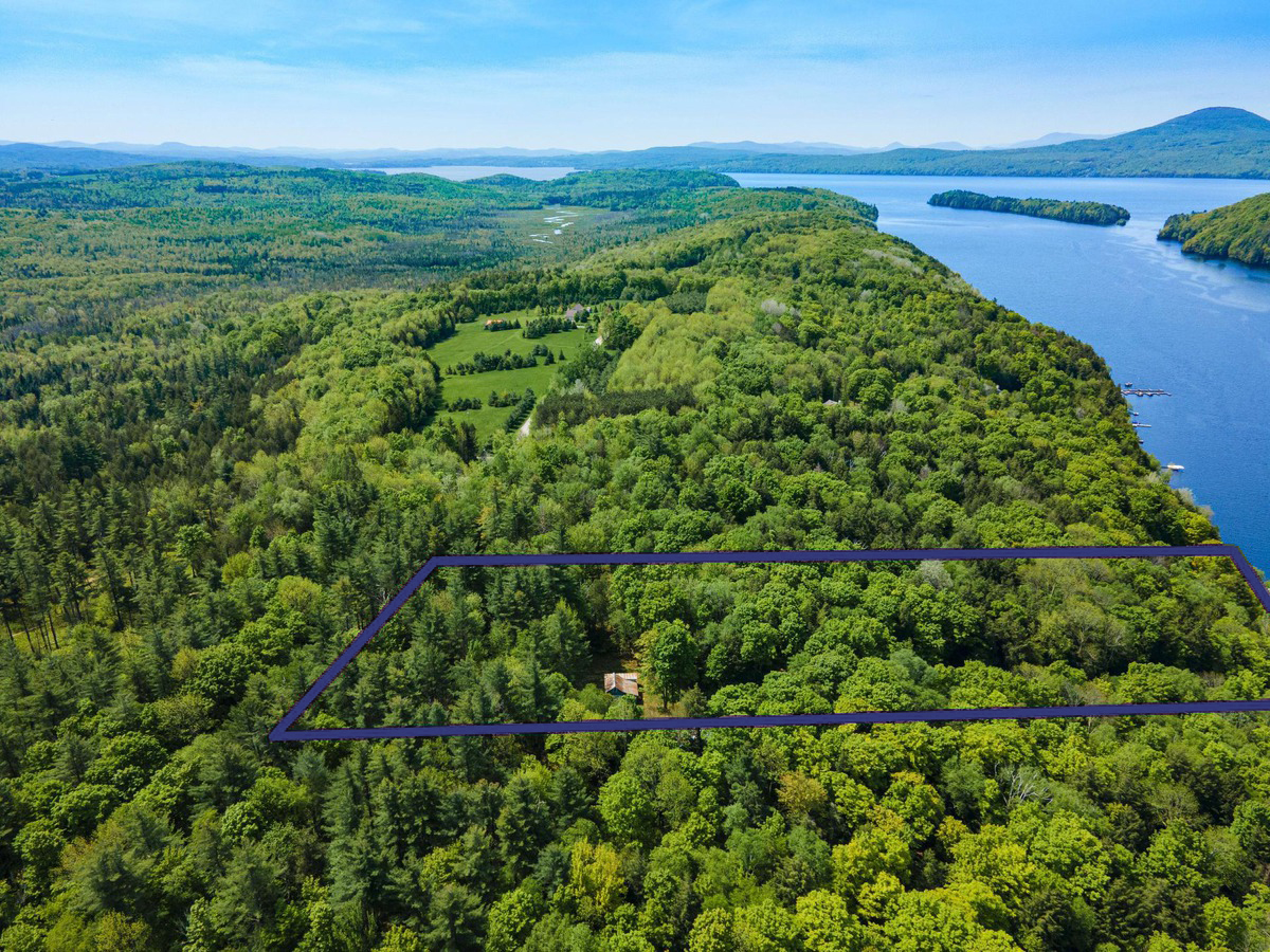 vue aérienne de deux terrains en bordure du lac Memphrémagog délimités par un tracé bleu foncé